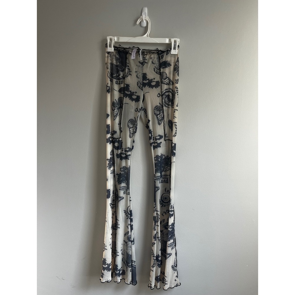 Out From Under Sheer Mesh Flare Pants Graphic Butterfly Print Cream Black XS